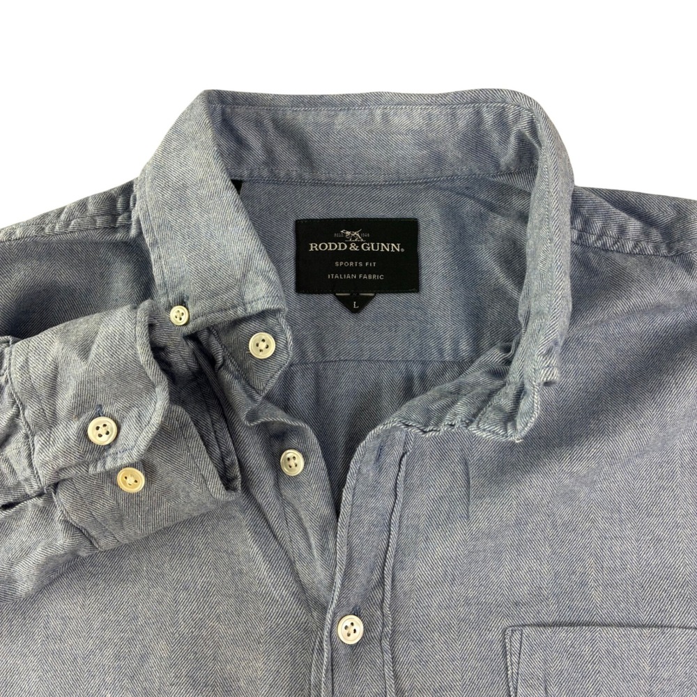 Rodd & Gunn Mens Chambray Button Down Shirt L Blue Italian Fabric Stretch Luxury